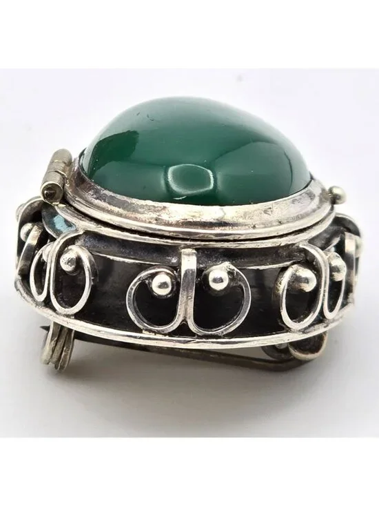 Vintage Taxco Sterling Silver Green Onyx Locket Brooch Mexico Eagle Mark 1 - Picture 3 of 13